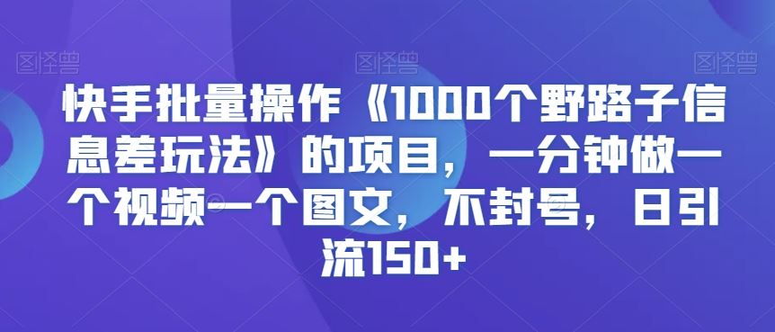 快手批量操作《1000个野路子信息差玩法》的项目，一分钟做一个视频一个图文，不封号，日引流150+【揭秘】-小哥找项目网创