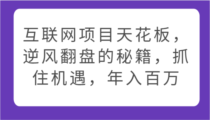 互联网项目天花板，逆风翻盘的秘籍，抓住机遇，年入百万-小哥找项目网创