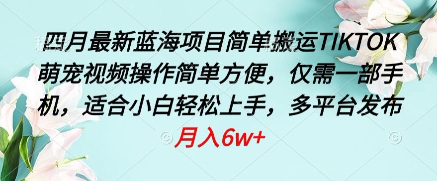 四月最新蓝海项目，简单搬运TIKTOK萌宠视频，操作简单方便，仅需一部手机-小哥找项目网创