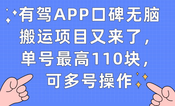 有驾APP口碑无脑搬运项目又来了，单号最高110块，可多号操作-小哥找项目网创