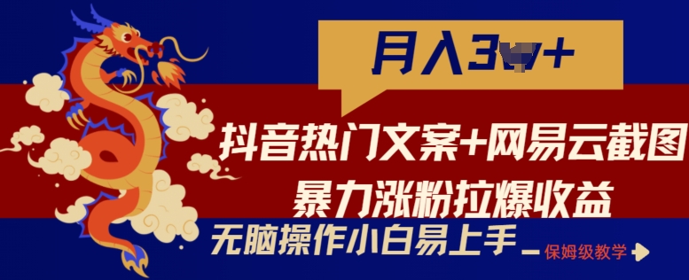 抖音热门文案+网易云截图暴力涨粉拉爆收益玩法，小白无脑操作，简单易上手-小哥找项目网创