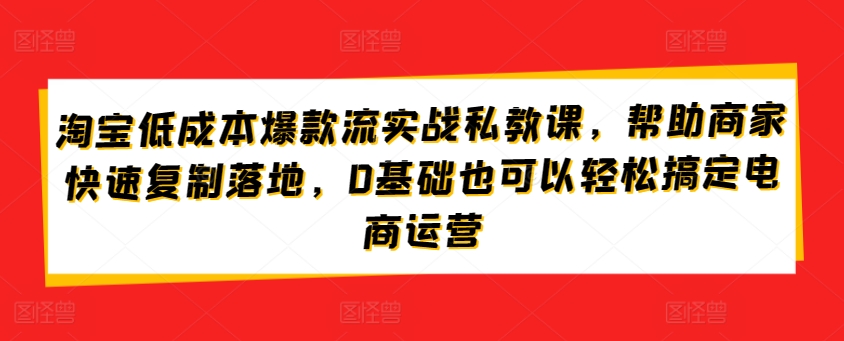 淘宝低成本爆款流实战私教课，帮助商家快速复制落地，0基础也可以轻松搞定电商运营-小哥找项目网创