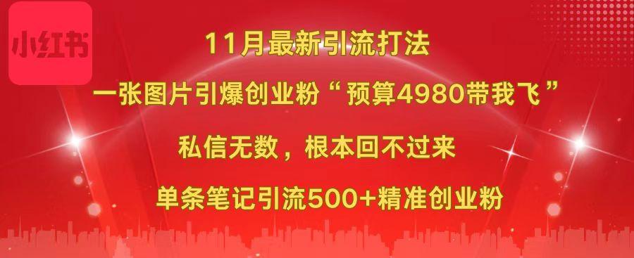 小红书11月最新图片打法，一张图片引爆创业粉“预算4980带我飞”，私信无数，根本回不过来，单条笔记引流500+精准创业粉-小哥找项目网创