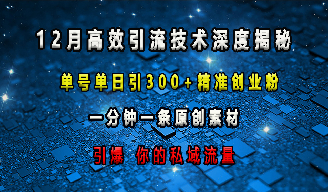 12月高效引流技术深度揭秘 ，单号单日引300+精准创业粉，一分钟一条原创素材，引爆你的私域流量-小哥找项目网创