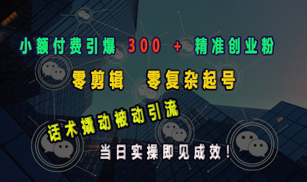 小额付费引爆 300 + 精准创业粉，零剪辑、零复杂起号，话术撬动被动引流，当日实操即见成效！-小哥找项目网创