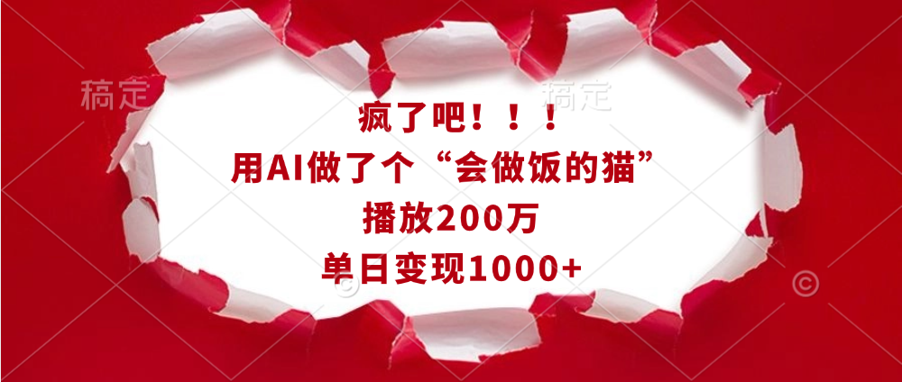 疯了吧！！！用AI做了个“会做饭的猫”，播放200万，单日变现1000+-小哥找项目网创